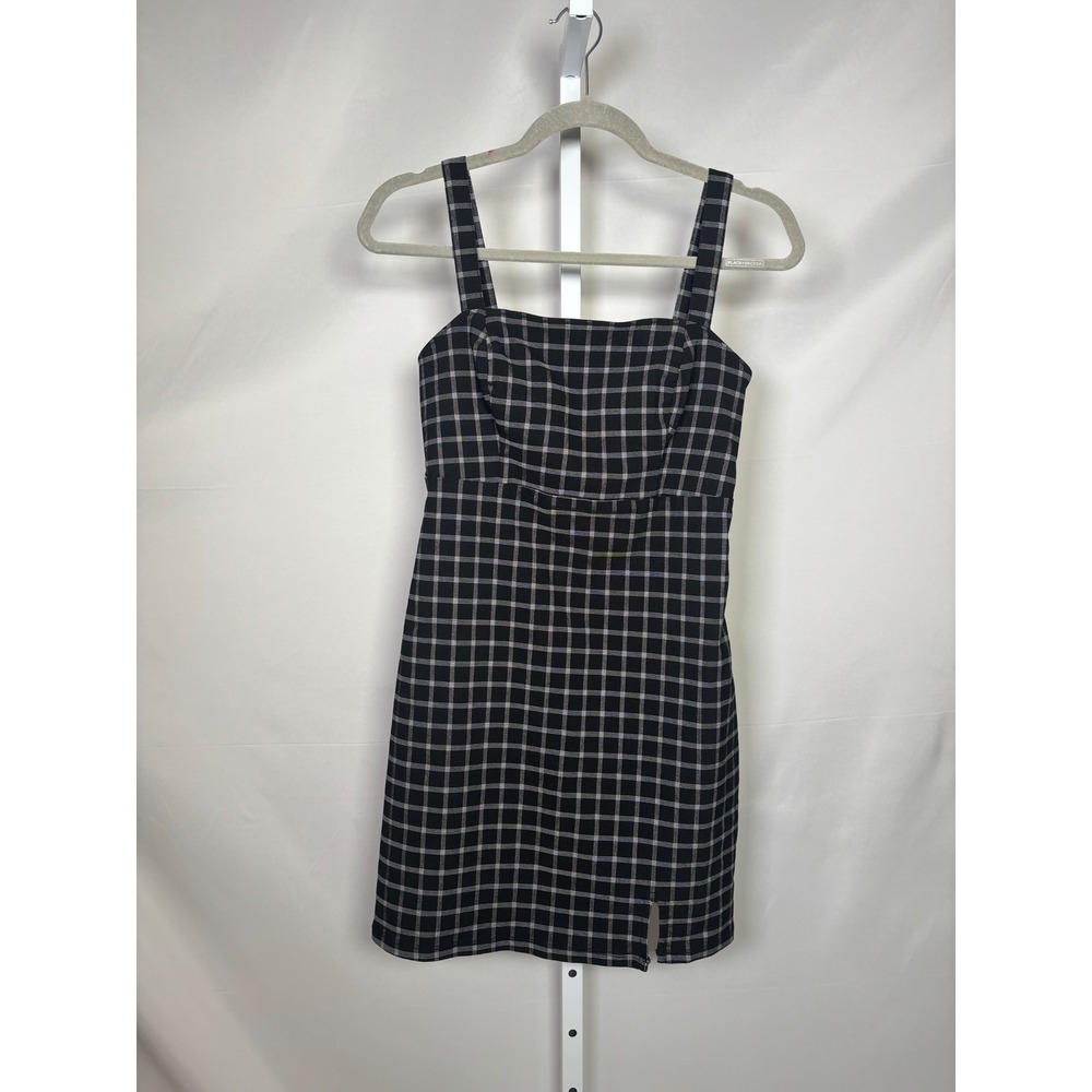 Hollister Black White Plaid Square Neck Mini Dress Side Slit Womens Small S